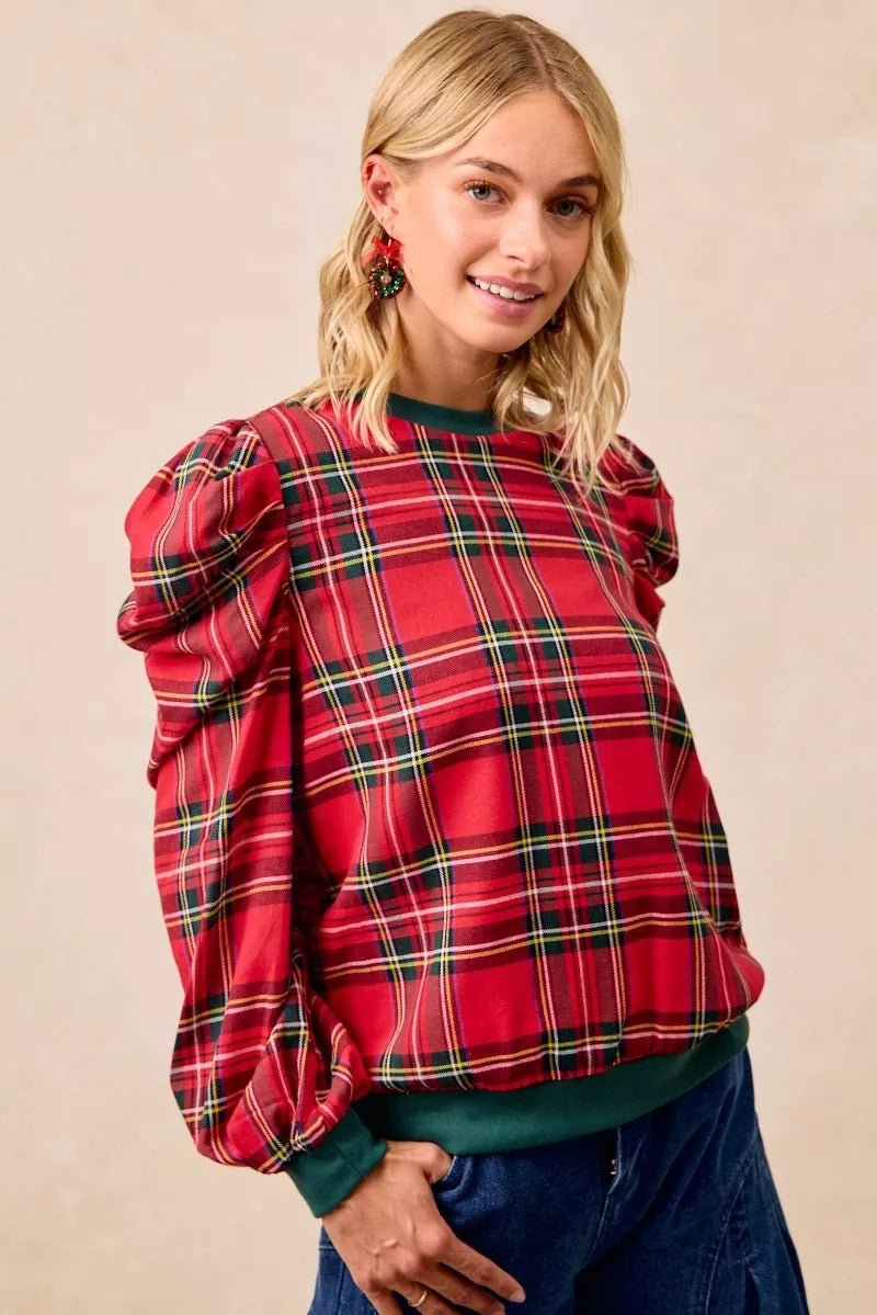 BiBi Christmas Plaid Exaggerated Shoulder Sleeves Top - Desert Sunday
