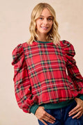 BiBi Christmas Plaid Exaggerated Shoulder Sleeves Top - Desert Sunday
