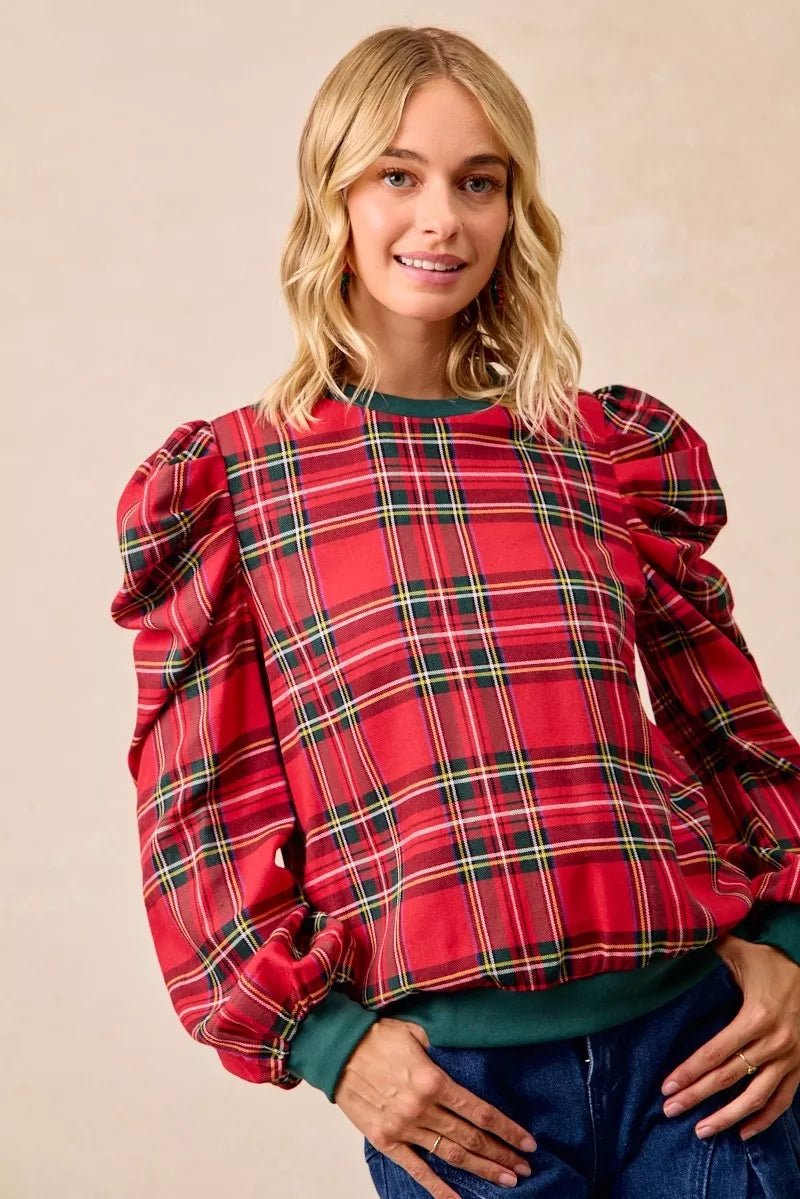 BiBi Christmas Plaid Exaggerated Shoulder Sleeves Top - Desert Sunday