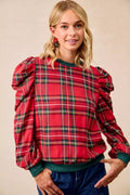 BiBi Christmas Plaid Exaggerated Shoulder Sleeves Top - Desert Sunday