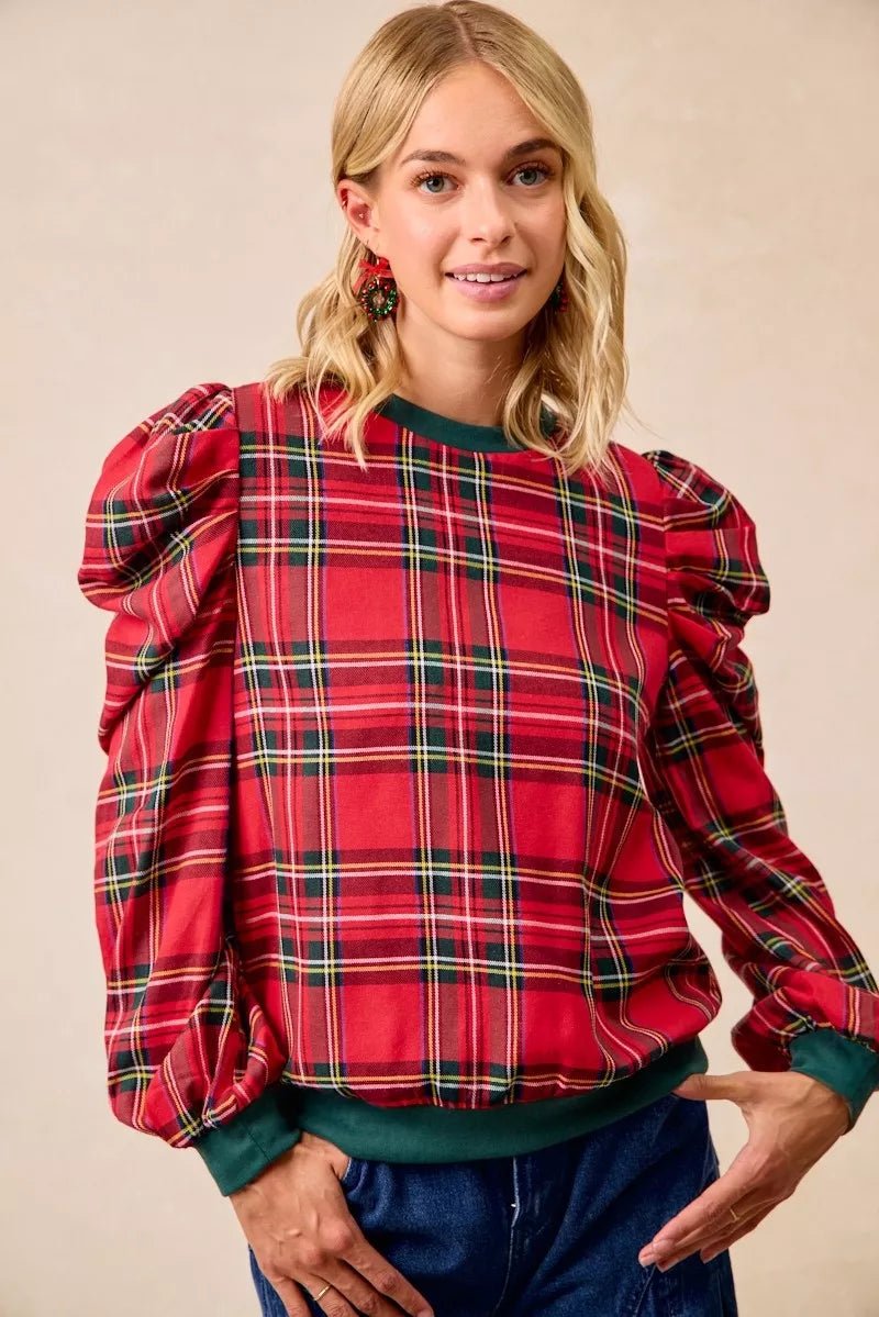 BiBi Christmas Plaid Exaggerated Shoulder Sleeves Top - Desert Sunday