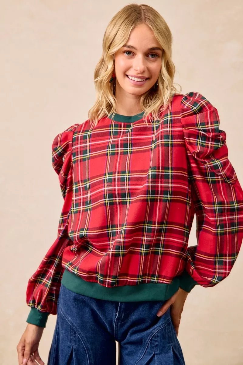 BiBi Christmas Plaid Exaggerated Shoulder Sleeves Top - Desert Sunday