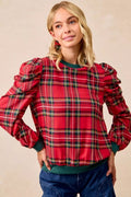 BiBi Christmas Plaid Exaggerated Shoulder Sleeves Top - Desert Sunday