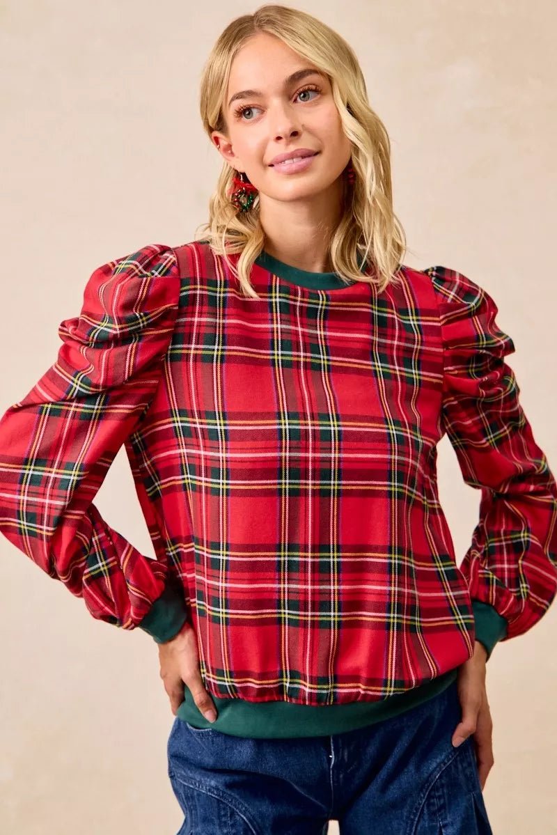 BiBi Christmas Plaid Exaggerated Shoulder Sleeves Top - Desert Sunday