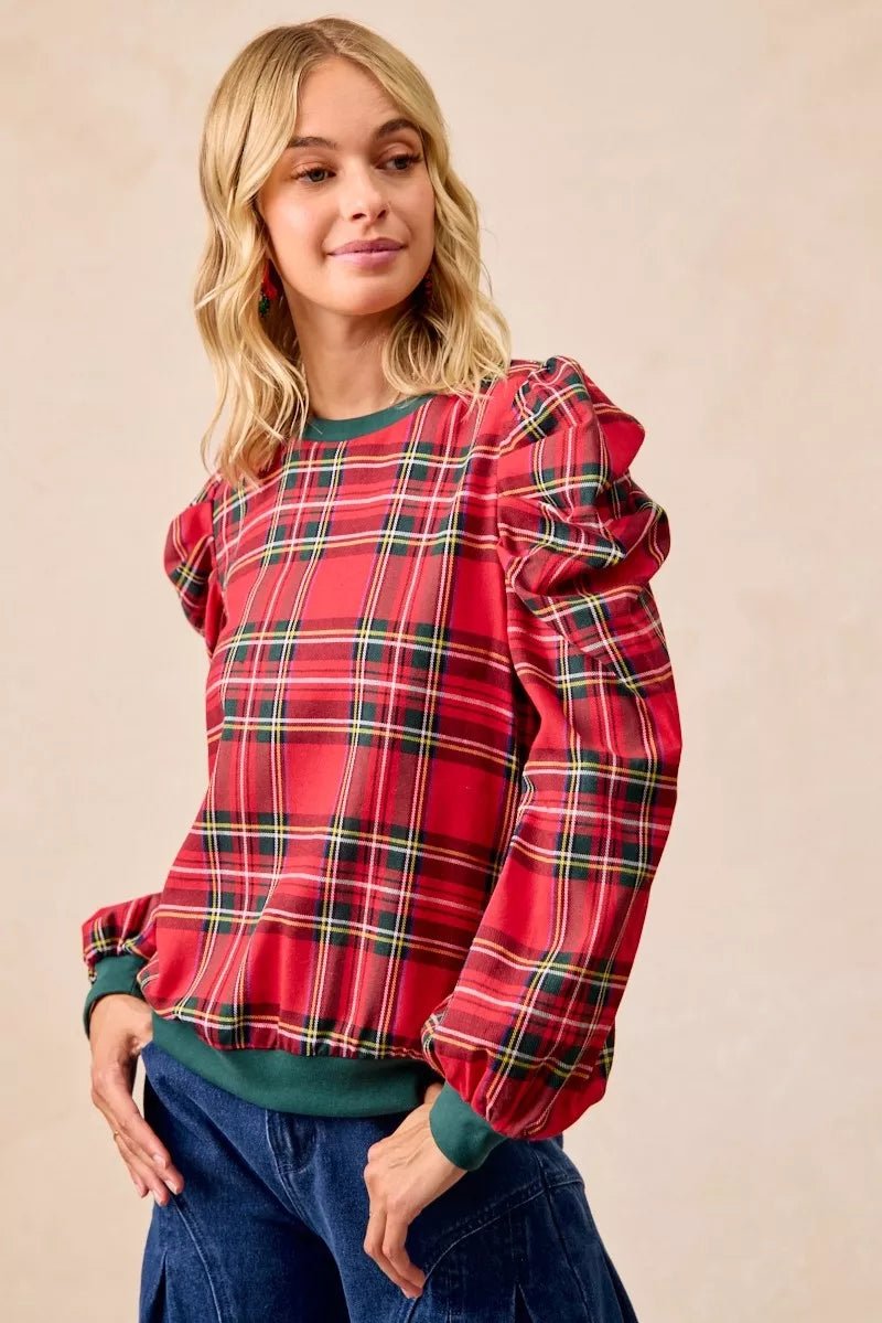 BiBi Christmas Plaid Exaggerated Shoulder Sleeves Top - Desert Sunday
