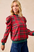 BiBi Christmas Plaid Exaggerated Shoulder Sleeves Top - Desert Sunday