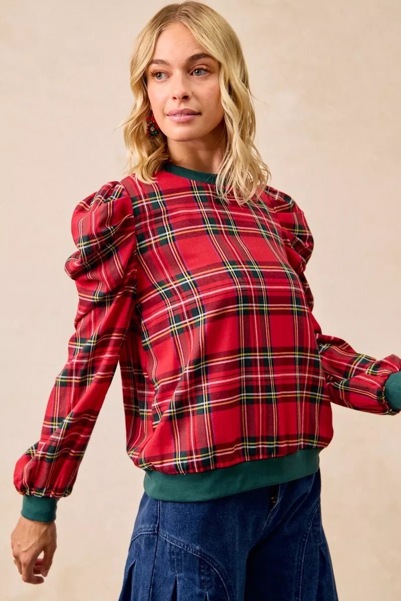 BiBi Christmas Plaid Exaggerated Shoulder Sleeves Top - Desert Sunday