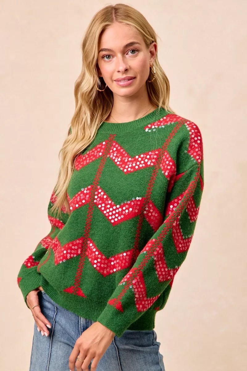 BiBi Christmas Theme Chevron Sequins Detail Sweater - Desert Sunday