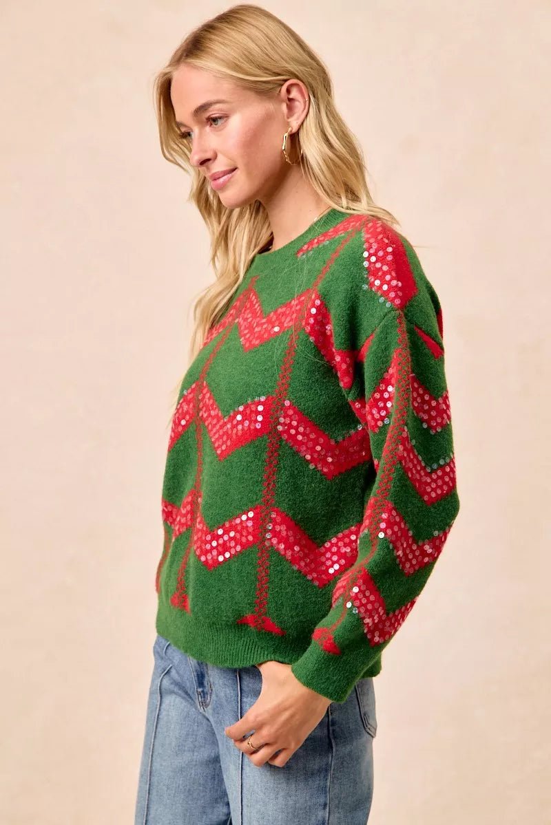 BiBi Christmas Theme Chevron Sequins Detail Sweater - Desert Sunday