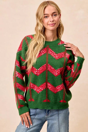BiBi Christmas Theme Chevron Sequins Detail Sweater - Desert Sunday