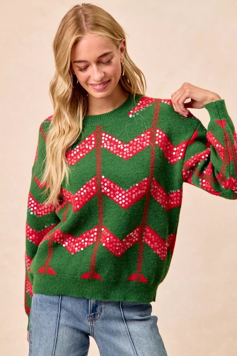 BiBi Christmas Theme Chevron Sequins Detail Sweater - Desert Sunday