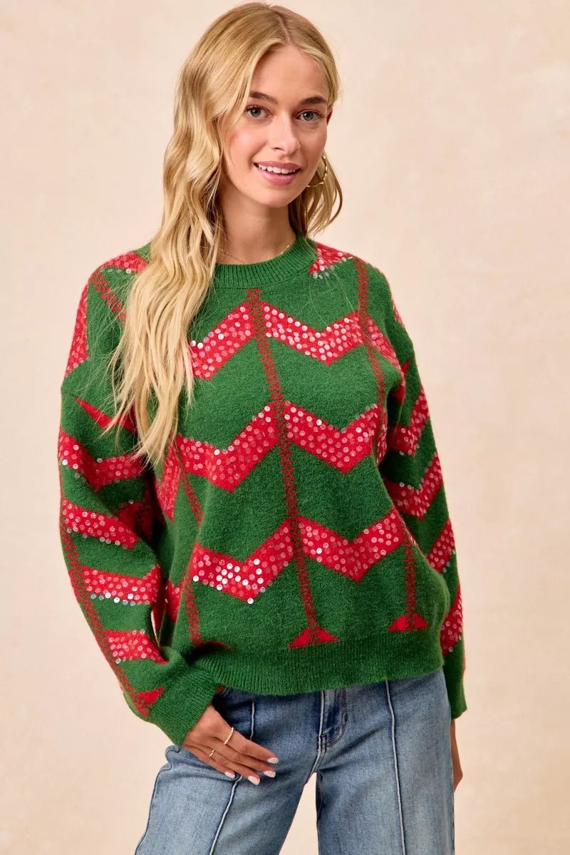 BiBi Christmas Theme Chevron Sequins Detail Sweater - Desert Sunday