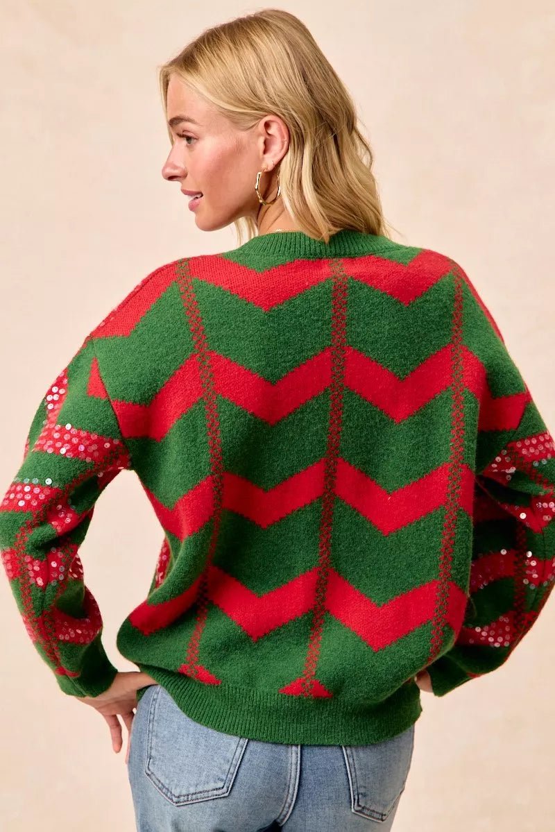 BiBi Christmas Theme Chevron Sequins Detail Sweater - Desert Sunday