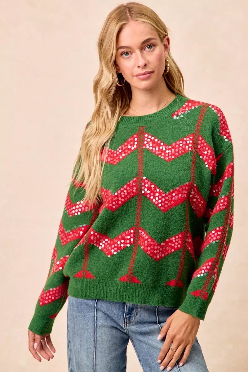 BiBi Christmas Theme Chevron Sequins Detail Sweater - Desert Sunday