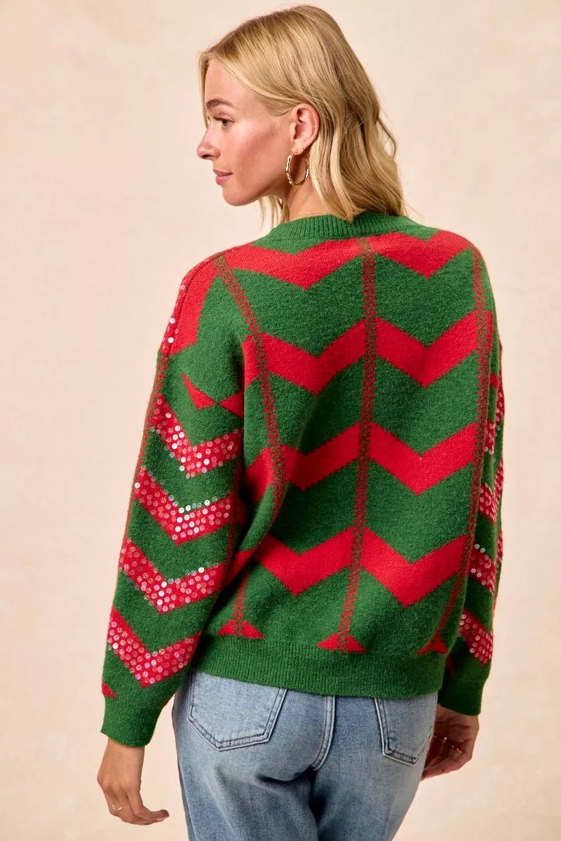 BiBi Christmas Theme Chevron Sequins Detail Sweater - Desert Sunday