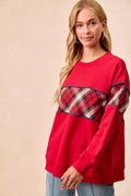 BiBi Christmas Theme Plaid Block Sweatshirt with Binding - Desert Sunday