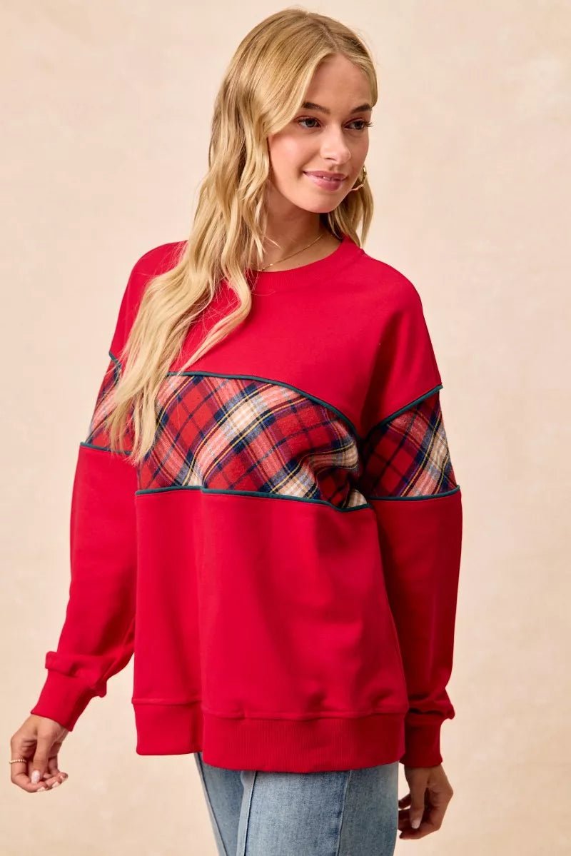 BiBi Christmas Theme Plaid Block Sweatshirt with Binding - Desert Sunday