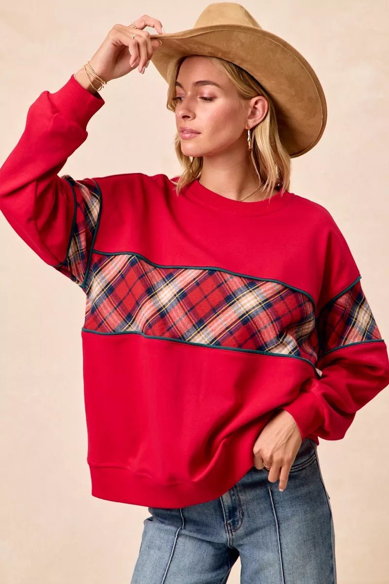 BiBi Christmas Theme Plaid Block Sweatshirt with Binding - Desert Sunday
