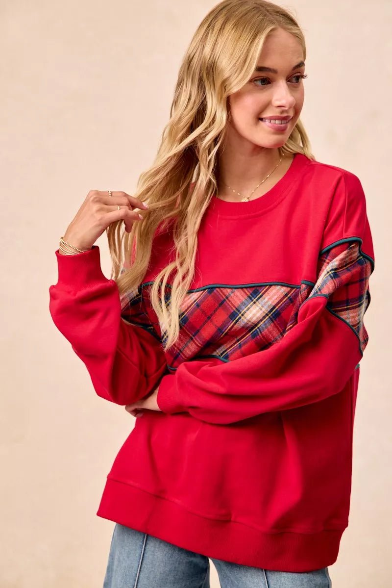 BiBi Christmas Theme Plaid Block Sweatshirt with Binding - Desert Sunday