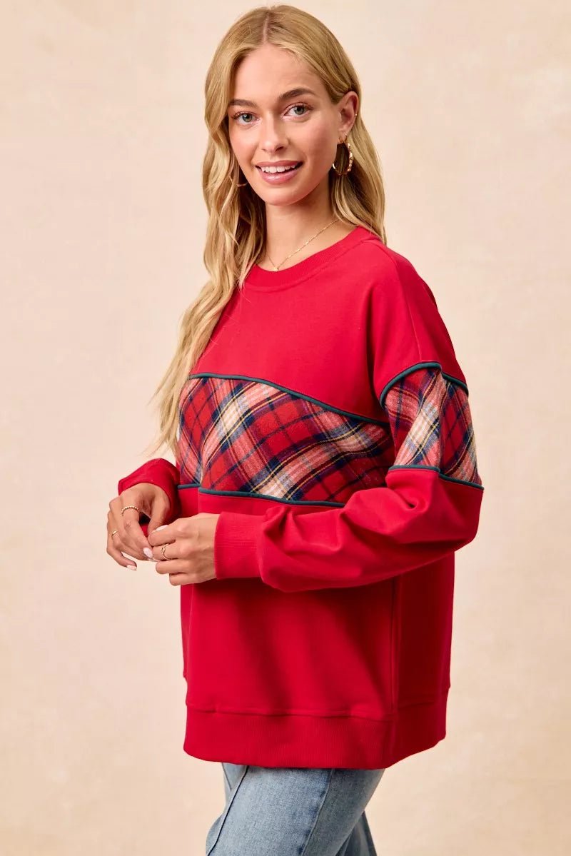 BiBi Christmas Theme Plaid Block Sweatshirt with Binding - Desert Sunday