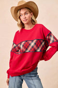 BiBi Christmas Theme Plaid Block Sweatshirt with Binding - Desert Sunday