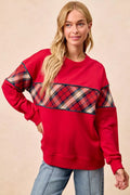 BiBi Christmas Theme Plaid Block Sweatshirt with Binding - Desert Sunday