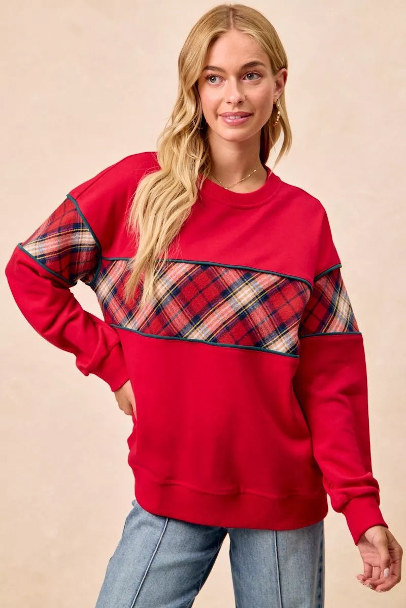 BiBi Christmas Theme Plaid Block Sweatshirt with Binding - Desert Sunday