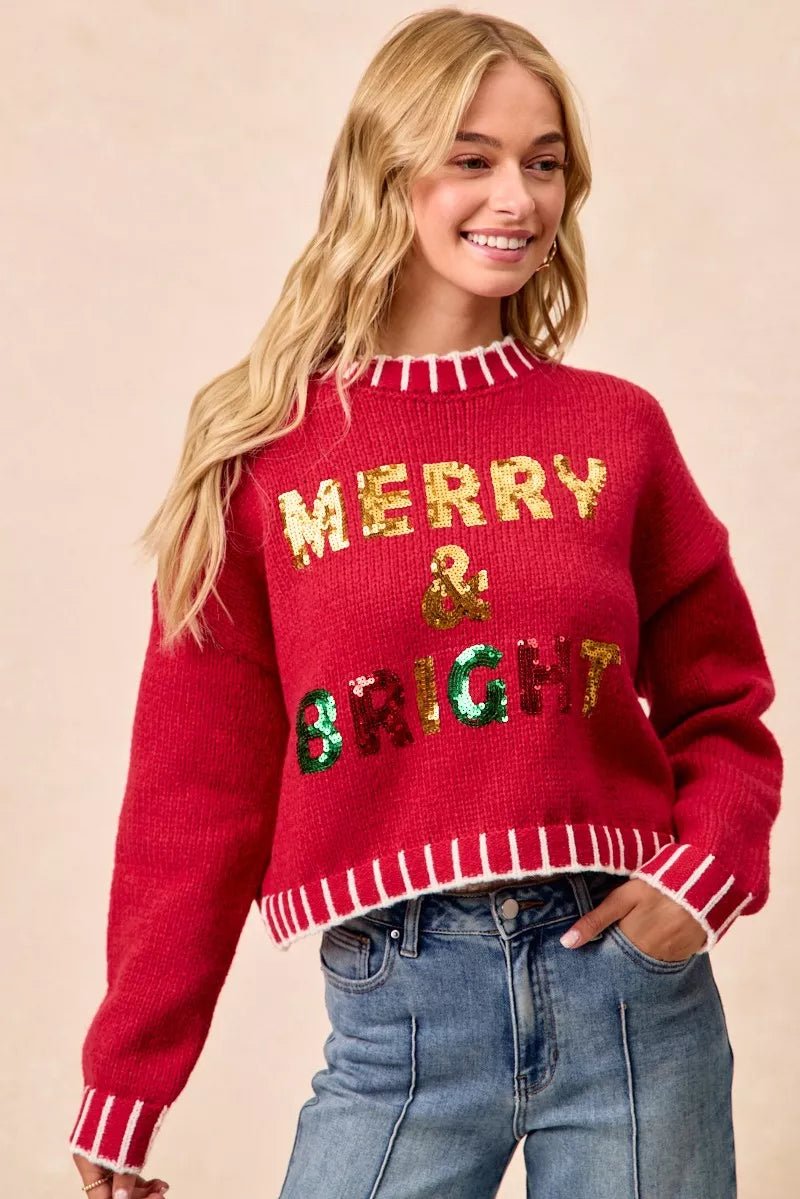 BiBi Christmas Theme Sequin Lattering Sweater - Desert Sunday