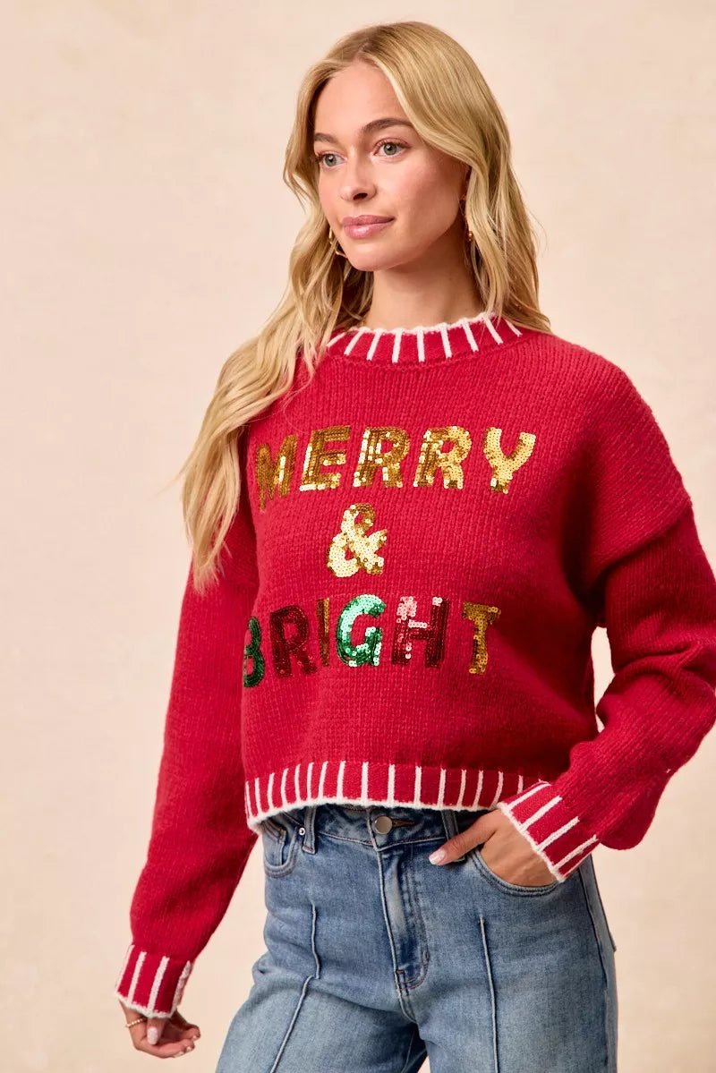 BiBi Christmas Theme Sequin Lattering Sweater - Desert Sunday