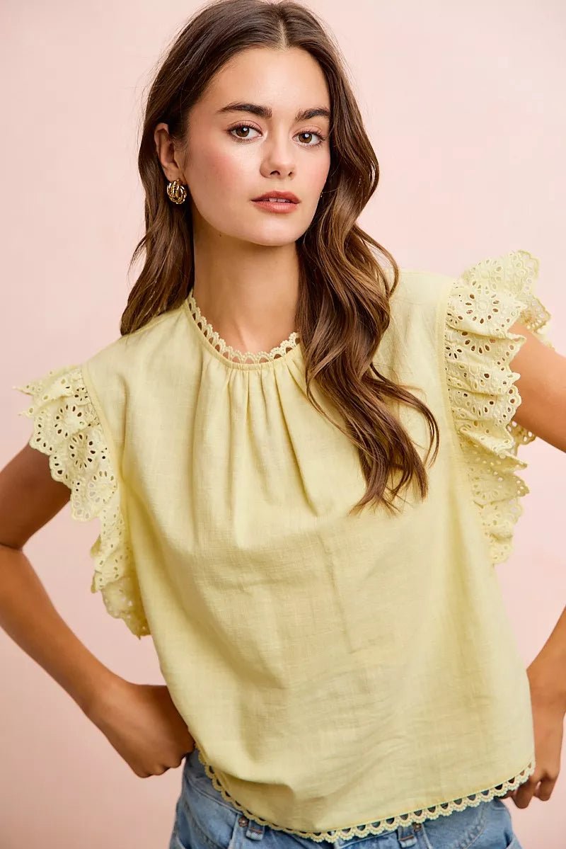 BiBi Cotton Solid Ruffle Sleeve Lace Detail Blouse Top - Desert Sunday