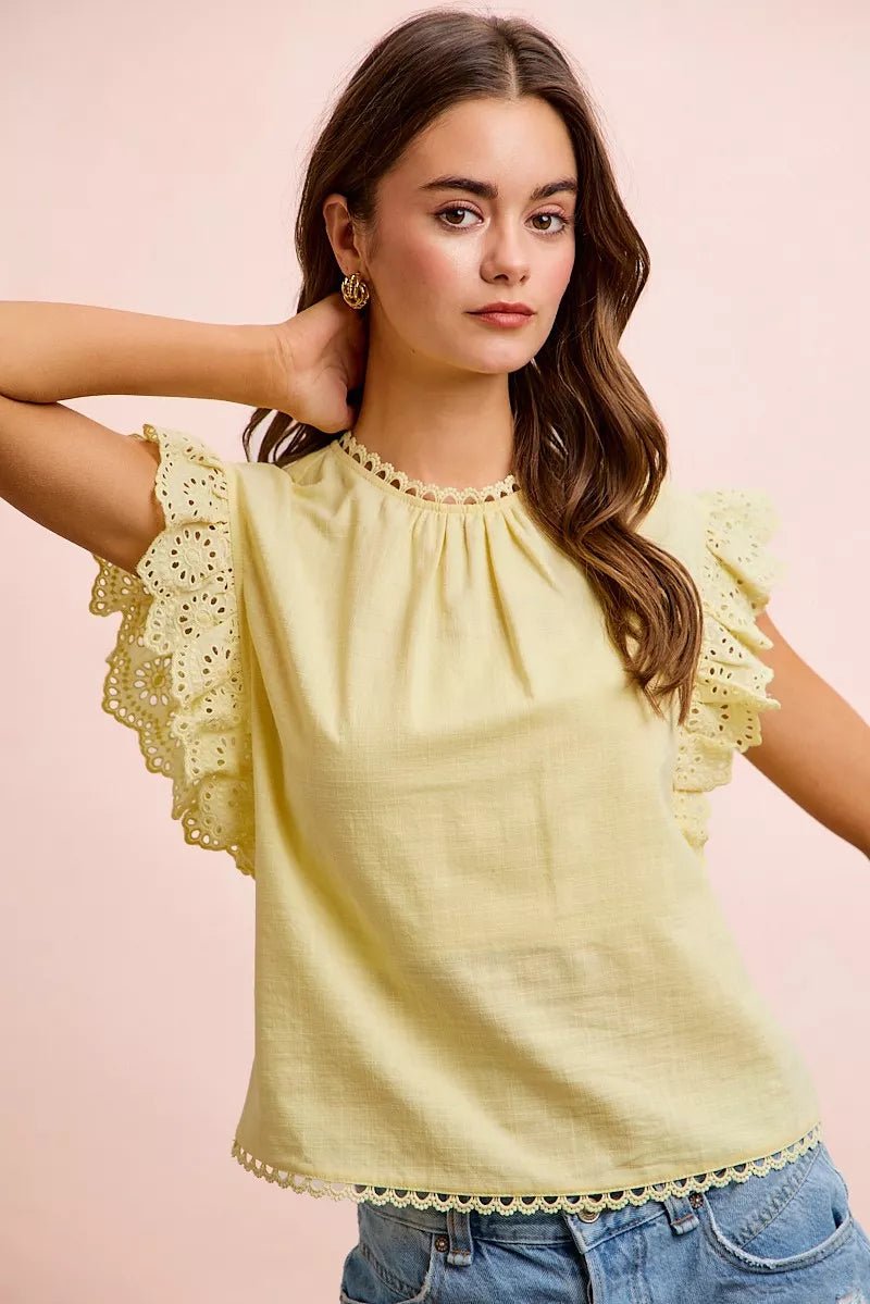 BiBi Cotton Solid Ruffle Sleeve Lace Detail Blouse Top - Desert Sunday