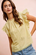 BiBi Cotton Solid Ruffle Sleeve Lace Detail Blouse Top - Desert Sunday