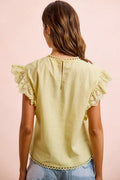 BiBi Cotton Solid Ruffle Sleeve Lace Detail Blouse Top - Desert Sunday