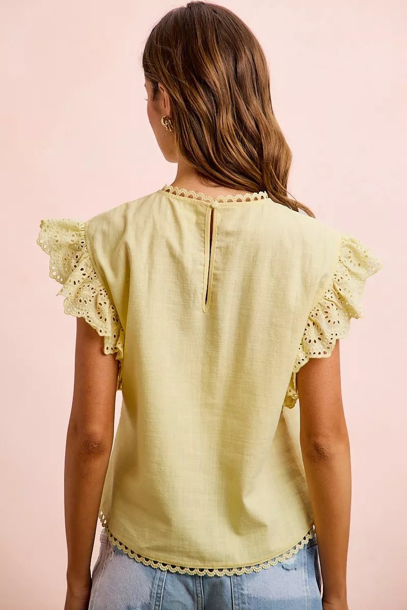 BiBi Cotton Solid Ruffle Sleeve Lace Detail Blouse Top - Desert Sunday