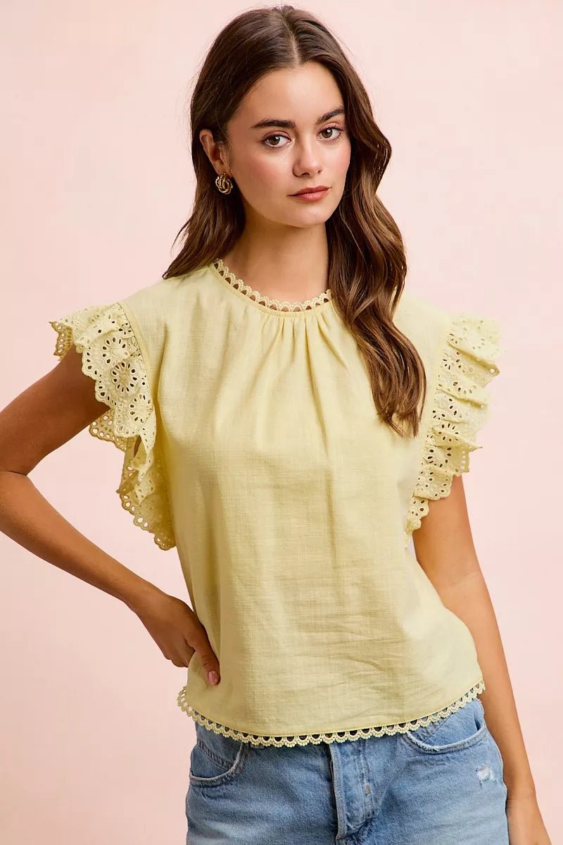 BiBi Cotton Solid Ruffle Sleeve Lace Detail Blouse Top - Desert Sunday
