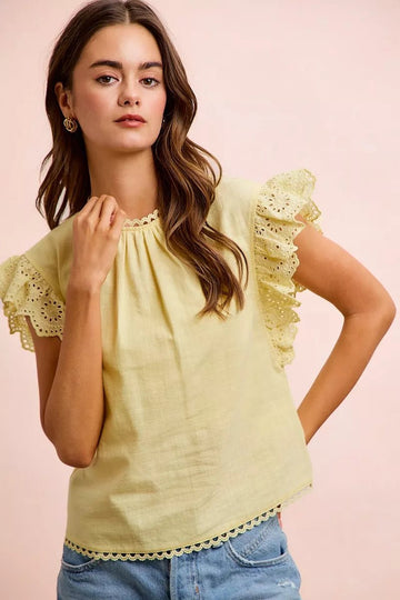 BiBi Cotton Solid Ruffle Sleeve Lace Detail Blouse Top - Desert Sunday