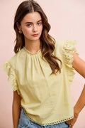 BiBi Cotton Solid Ruffle Sleeve Lace Detail Blouse Top - Desert Sunday