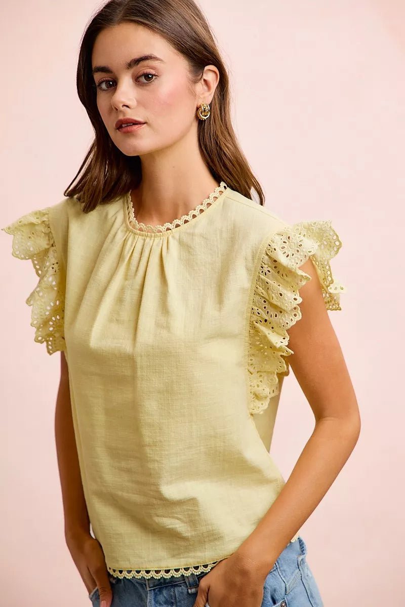 BiBi Cotton Solid Ruffle Sleeve Lace Detail Blouse Top - Desert Sunday