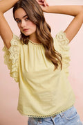 BiBi Cotton Solid Ruffle Sleeve Lace Detail Blouse Top - Desert Sunday