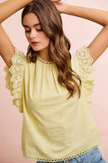 BiBi Cotton Solid Ruffle Sleeve Lace Detail Blouse Top - Desert Sunday