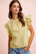 BiBi Cotton Solid Ruffle Sleeve Lace Detail Blouse Top - Desert Sunday