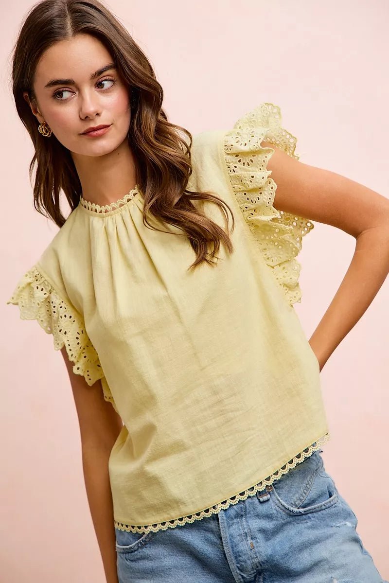 BiBi Cotton Solid Ruffle Sleeve Lace Detail Blouse Top - Desert Sunday