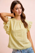 BiBi Cotton Solid Ruffle Sleeve Lace Detail Blouse Top - Desert Sunday