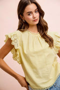 BiBi Cotton Solid Ruffle Sleeve Lace Detail Blouse Top - Desert Sunday