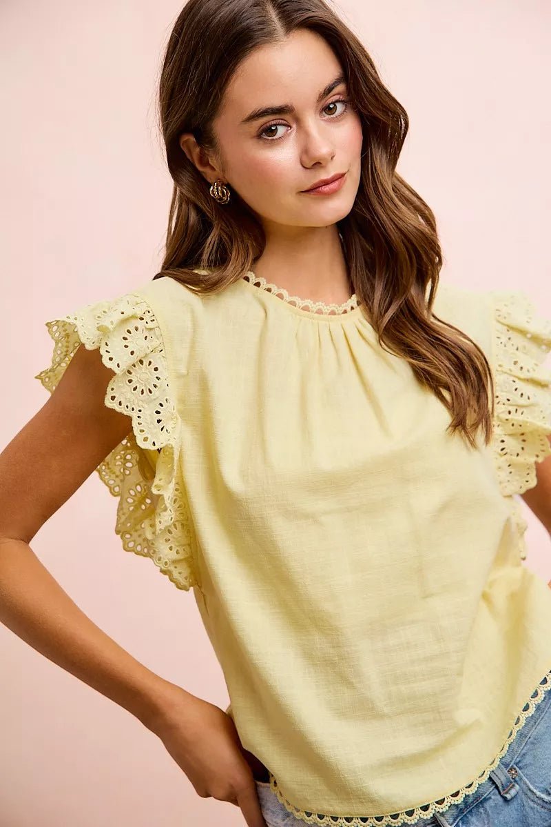 BiBi Cotton Solid Ruffle Sleeve Lace Detail Blouse Top - Desert Sunday