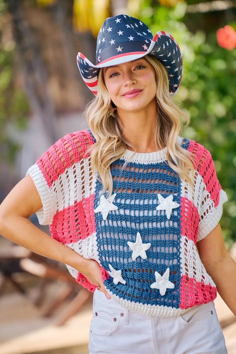 BiBi Crochet Star Patches 4th Of July Sweater Cover Up - Desert Sunday