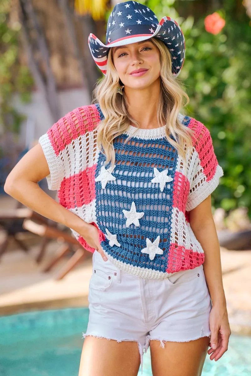 BiBi Crochet Star Patches 4th Of July Sweater Cover Up - Desert Sunday