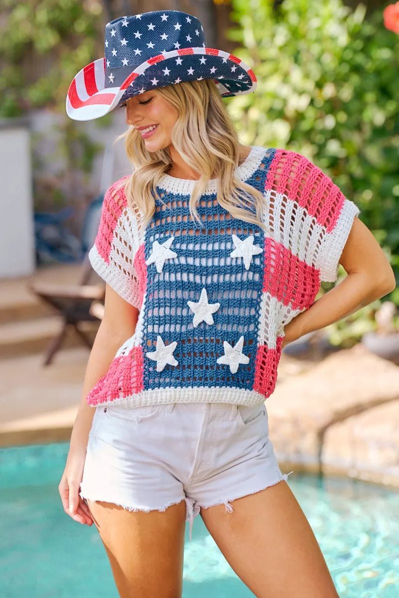 BiBi Crochet Star Patches 4th Of July Sweater Cover Up - Desert Sunday