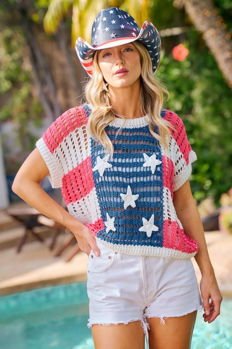 BiBi Crochet Star Patches 4th Of July Sweater Cover Up - Desert Sunday