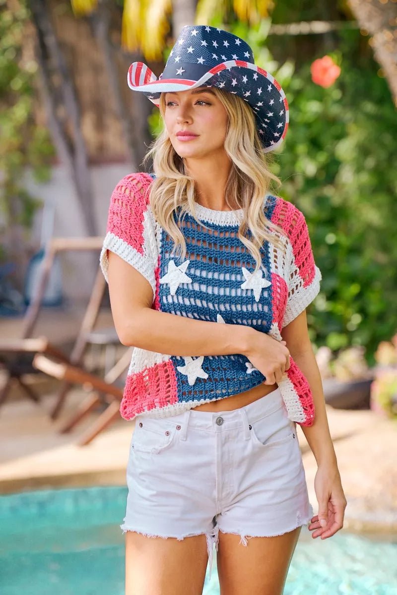 BiBi Crochet Star Patches 4th Of July Sweater Cover Up - Desert Sunday